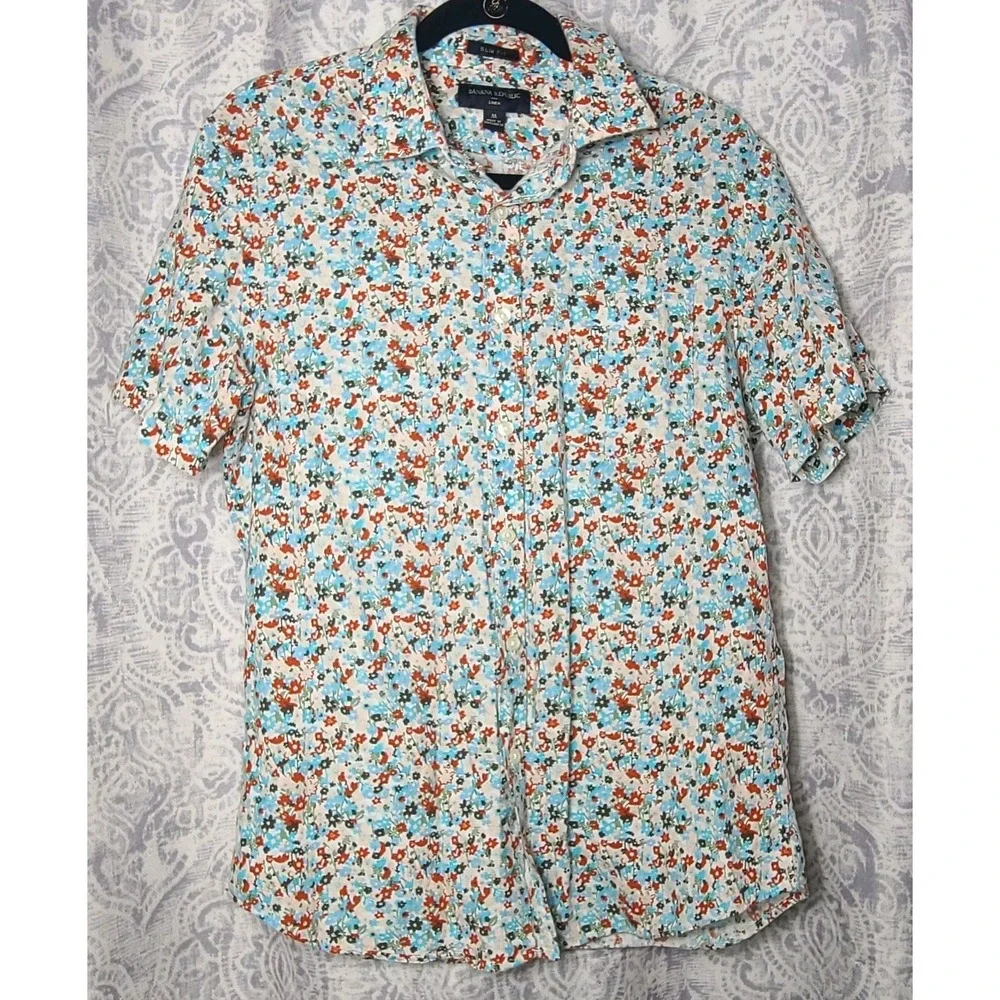 Banana Republic Slim Fit Floral Linen Cotton Button-Up Shirt Short Sleeve L